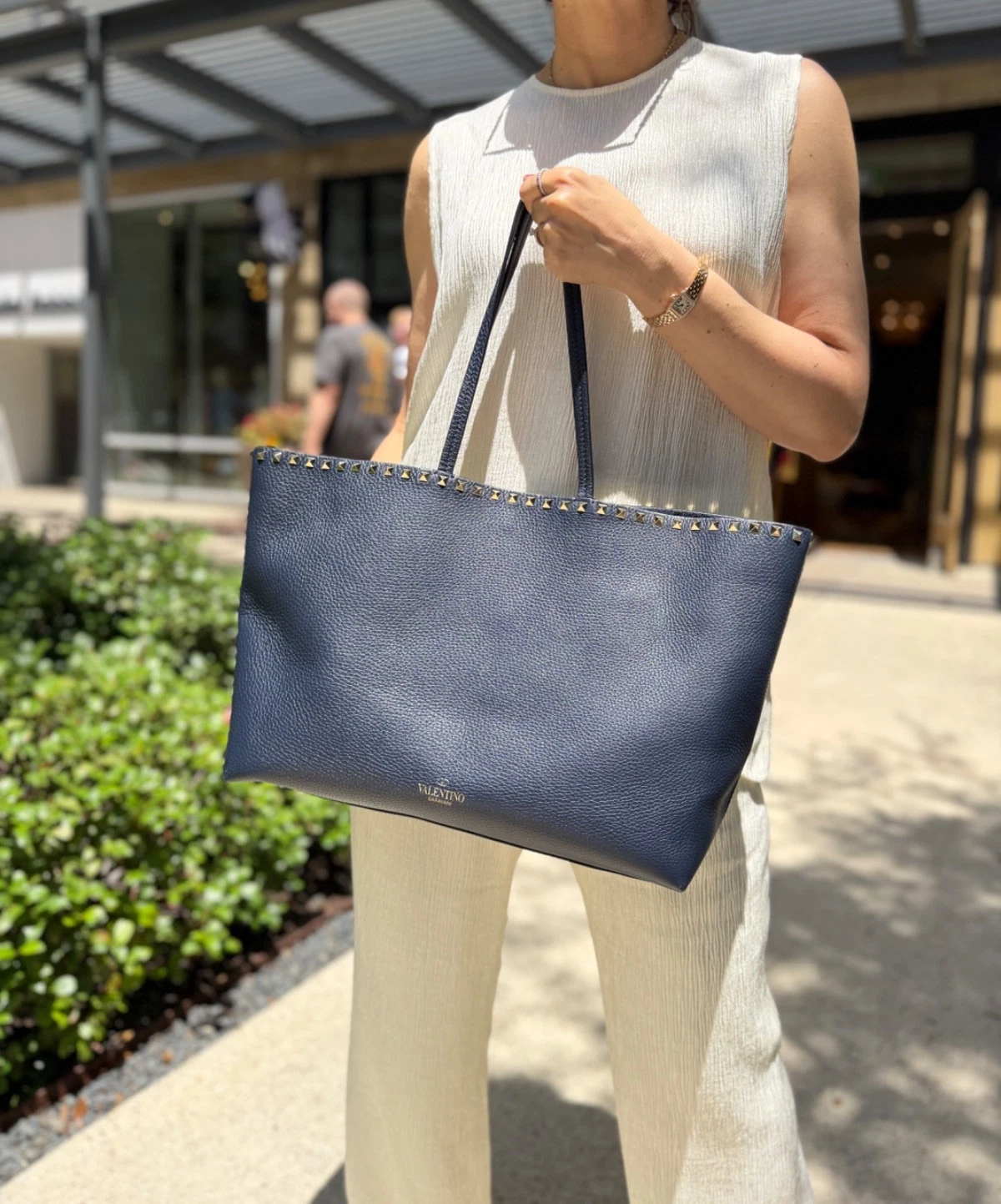 Valentino — Valentino Garavani Rockstud Navy Blue Leather Tote Bag
