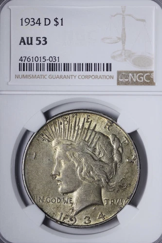 1934-D Peace Silver Dollar NGC AU53 Rich Toning AFD