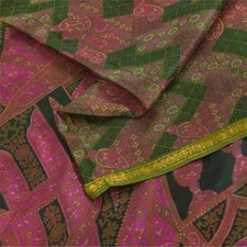 Sanskriti Vintage Sarees Pink/Green Zari Border Pure Silk Print Sari 6 Yd Fabric