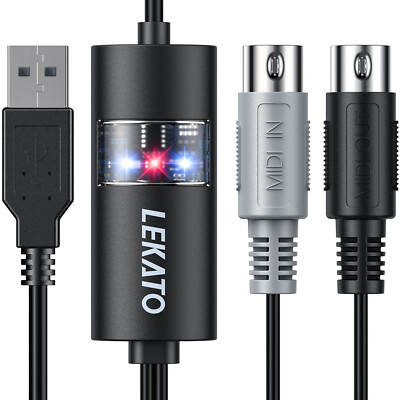 LEKATO MIDI Cable 2m MIDI to USB Interface MIDI Cord Input & Output Connect