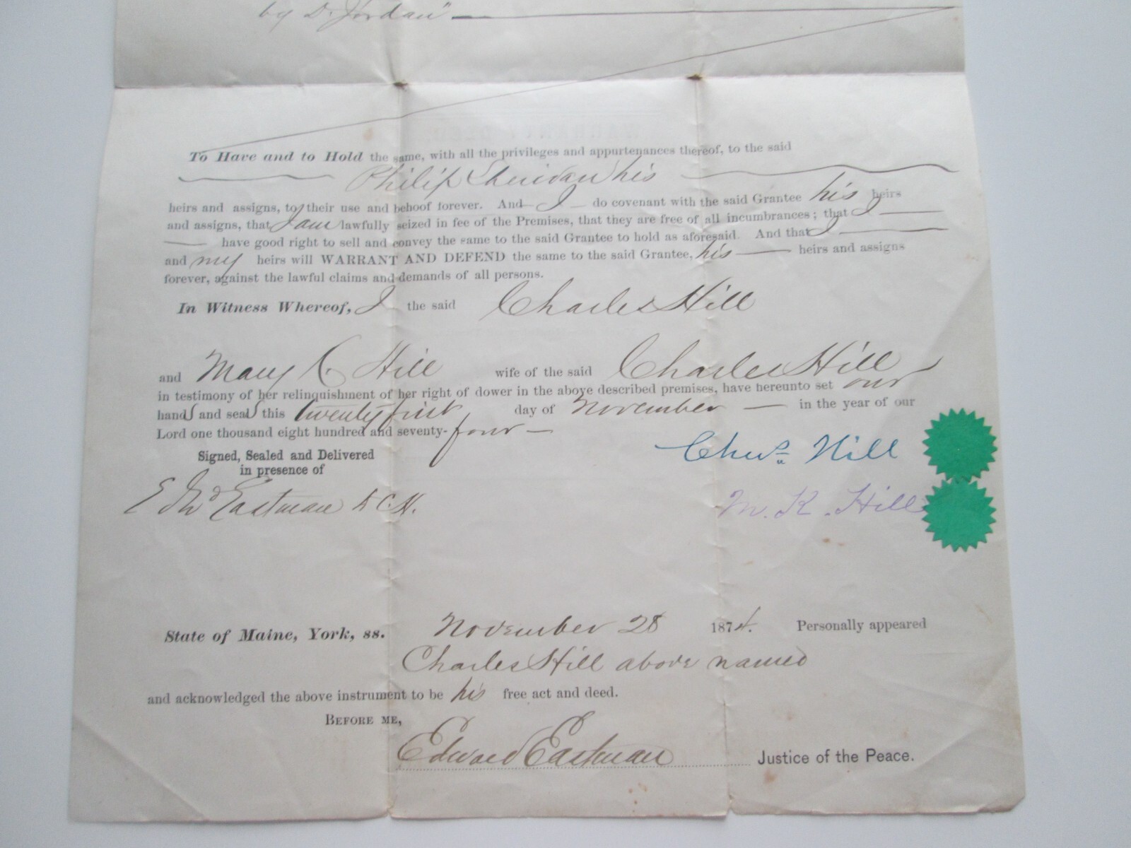 (1) ONE,NOVEMBER 28TH, 1874 DEED, SACO, YORK COUNTY, MAINE, HILL to