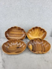 Set of 4 Vintage Natural Wooden Clam Shell Shaped Salad Pasta Bowl Kitchen Decor