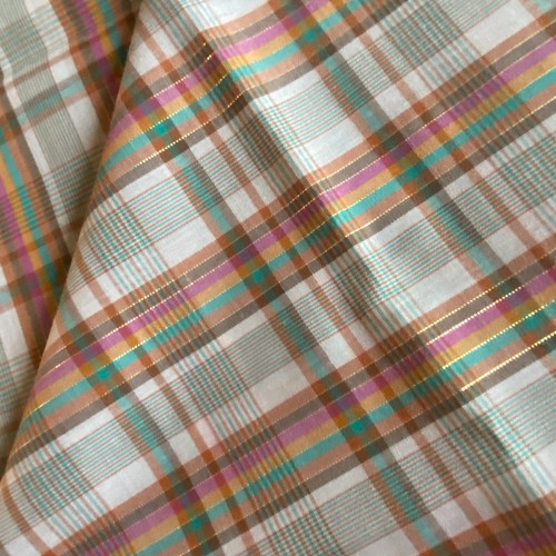 1.5 YD Vintage Brown Plaid Shirting Fabric Metallic Thread Polycotton - Picture 4 of 6