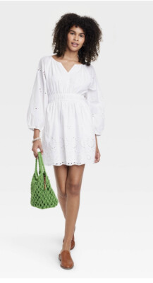 Universal Thread Size M White 3/4 Sleeve Eyelet Cotton Mini Dress Poclets  Lined | eBay