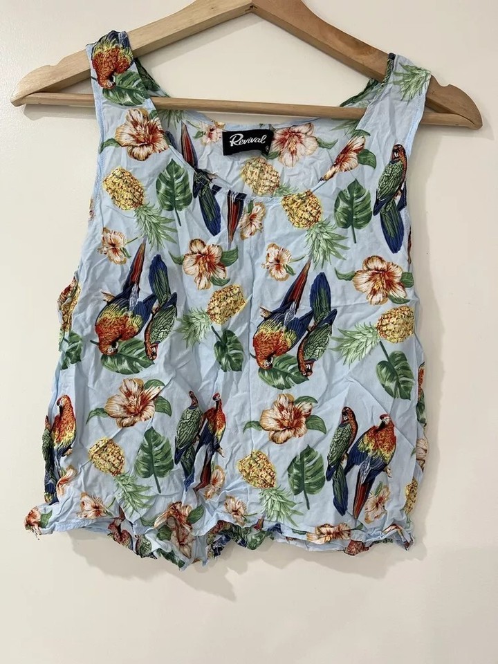 Revival Bird Floral Nature Singlet Cami Camisole Sleeveless Top, Size 10