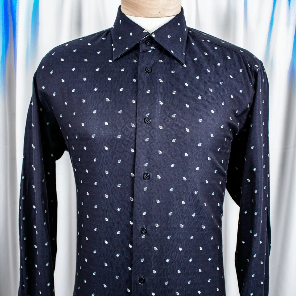 Camisa social masculina ROBERT GRAHAM punhos franceses azul marinho branca paisley algodão tamanho G - Imagem 4 de 4