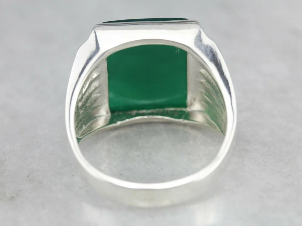 Anello In Argento Sterling 925 Con Gemma Di Onice Verde Naturale Per Uomo #1293 - Immagine 3 di 4