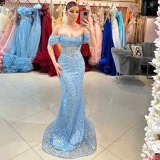 Light Blue Off Shoulder Sequin Mermaid Prom Dress with Corset Formal EveningGown