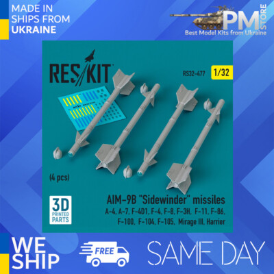 Reskit RS32-0477 1/32 AIM-9B ''Sidewinder'' missiles (4 pcs) A4 A7 F4D1 F4 F8 F3H