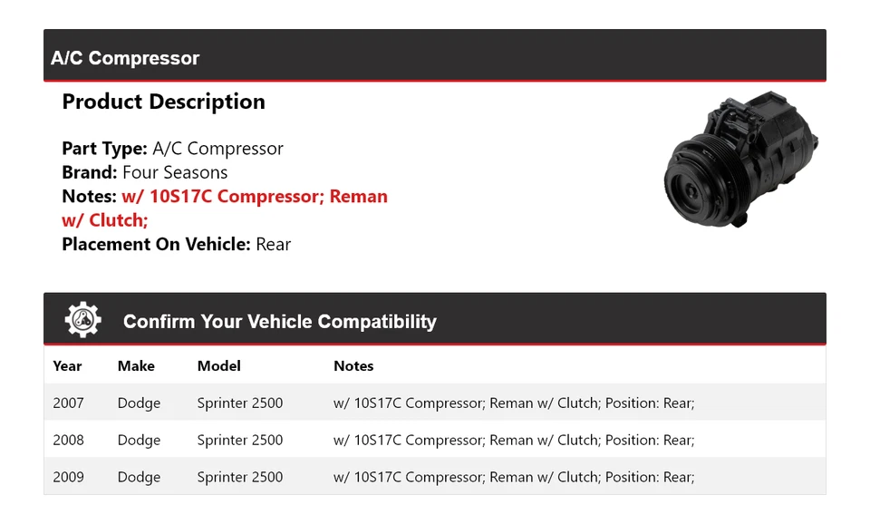 Compresor de aire acondicionado trasero 4 estaciones 2008 para Dodge Sprinter 2500 2007-2009 Foto 2 de 3