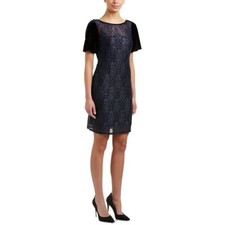 T Tahari Blue Metallic Lace Velvet Dress Sheath Boat Neck Size Medium