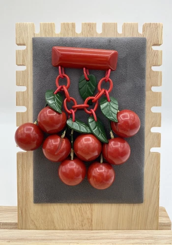 Vintage Cherry Red Bakelite Pin Brooch Large Cherries Dangle Jewelry 1930s