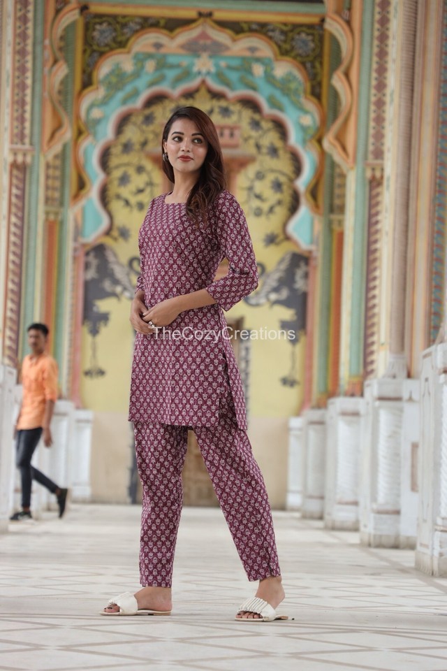 Indian Block Print Cotton Fabric Night Dress Natural Color Top Pant