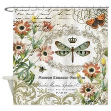 1342083293 CafePress Modern Vintage French Dragonfly Shower Curtain