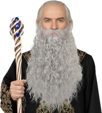 Long Curly Grey Fake Beard with Upturned Mustache Costume Set with Comb Sci...