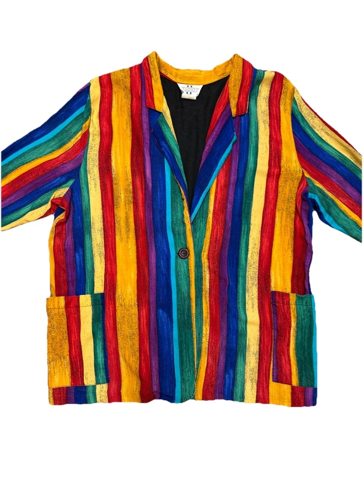 Studio C ~ Colorful 1980s 1990s Blazer Vintage Suit Jacket Rainbow Rayon 2XL - Image 2 of 4