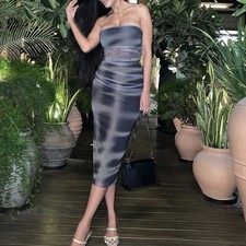 ZARA NEW WOMAN STRAPLESS PRINTED TULLE DRESS BLACK GREEN M