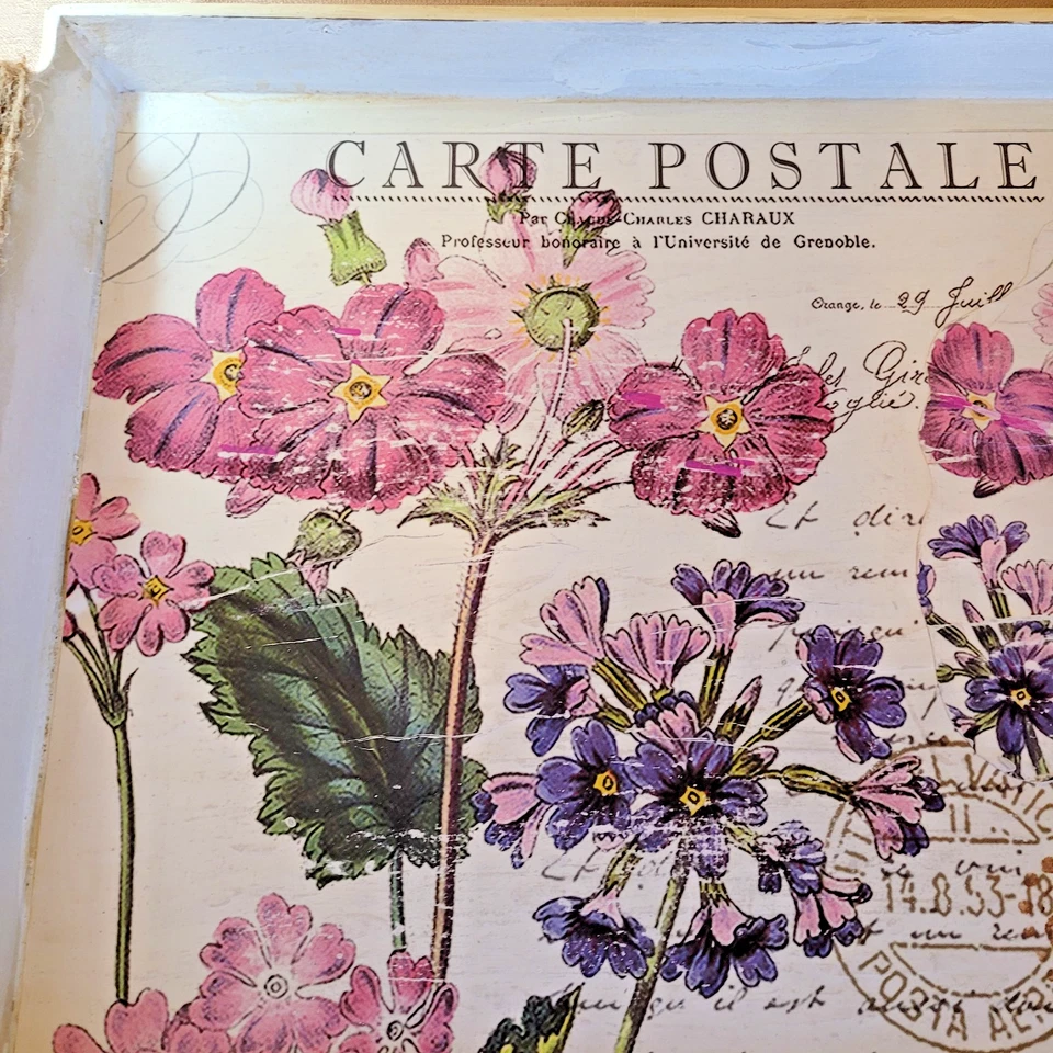 Bandeja para servir madera blanca con flores francesas vintage Foto 3 de 4