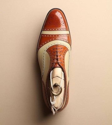 Men's Tailormade Two-Tone Spectator Shoes-Tan & Cream Leather Cap Toe Oxfords