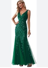 EVER PRETTY Sz 3X Green Sequined Tulle Mermaid Maxi Prom Formal Gown Dress Party