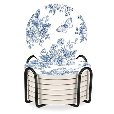 Blue Floral Coasters Set of 6,Funny Coasters for Blue Floral Butterfly
