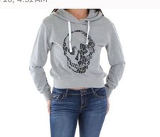 Women  s CHRLDR Gray  Black Skull Pullover Hoodie: Size Large