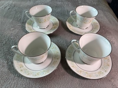 Noritake Paula 2158 Cup & Saucer Set 4 Floral Japan Tea Coffee Silver Trim