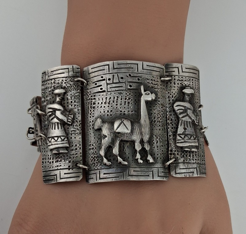 Vtg Wide Peruvian Sterling Silver 925 Panel Bracelet Llama Repaired 49g  7 1/2"