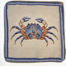 NWT Blue Crab Needlepoint Pillow Cover 13" Square Velvet Back Zipper
