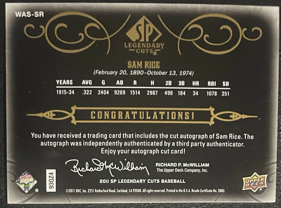 2011 SP Legendary Cuts Sam Rice Auto Black Cut Signature /3 MLB HOFer Senators - Image 2 of 2