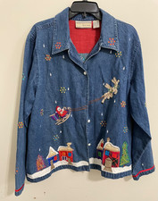 Carrie Allen Christmas Denim Jacket/Shirt XL Santa Sleigh Embroidered Holiday