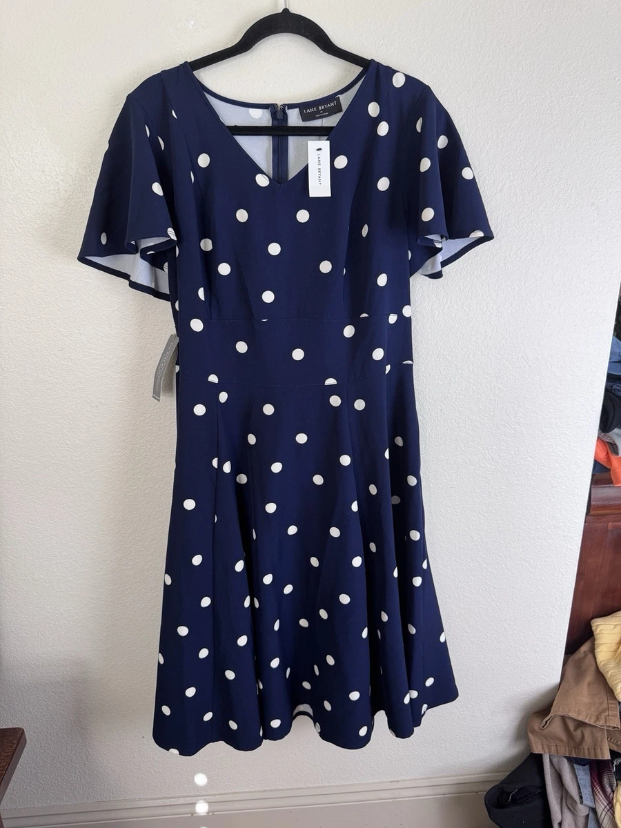 lane bryant navy blue dress Lane Bryant Navy Blue Velvet Dot Faux Wrap Balloon Sleeve Dress Plus Sz 22