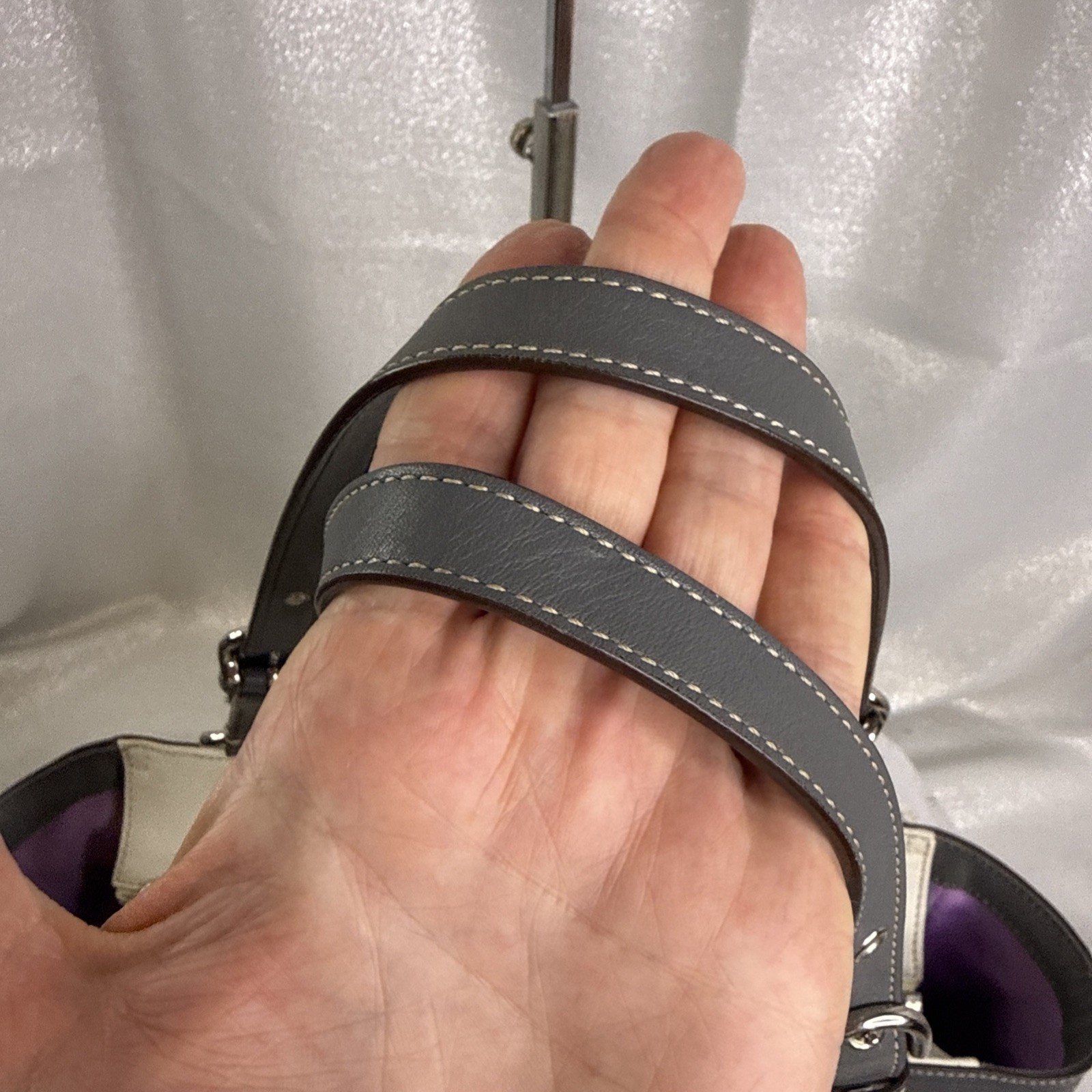 Coach East West Gallery Leather White & Grey Pleated Tote Handbag Purse