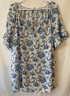 Max Studio Blue White Birds Floral Flutter Sleeve Split Neck Top 2XL Cottagecore