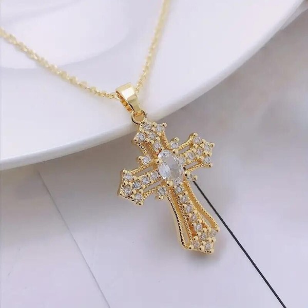 Alternate view of Women Luxury 14k Gold Plated Rhinestone Crystal Cross Pendant Necklace Charm New