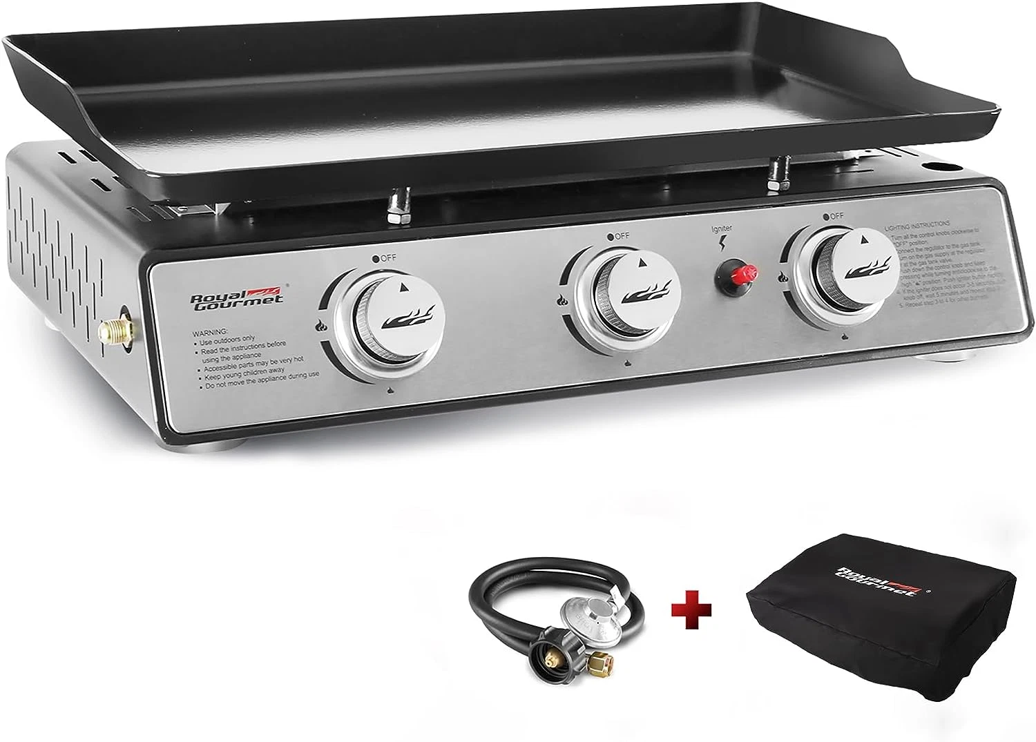 Portable 24" 3-Burner Gas Grill Griddle for Camping & Tailgating, 25,500 BTUs