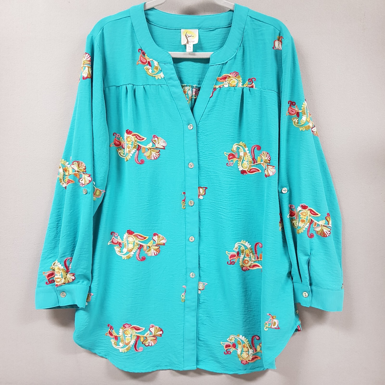 Anthropologie Fig & Flower Button Front Blouse Boho Top 2X Embroidery Roll Tab