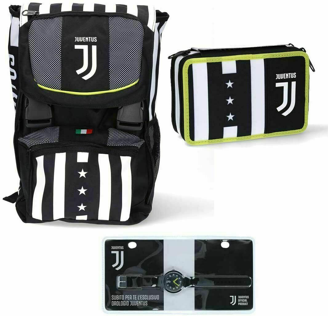 JUVENTUS Kit Ufficiale 2020-2021 Zaino Scuola + Astuccio 3 Cerniere + Orologio