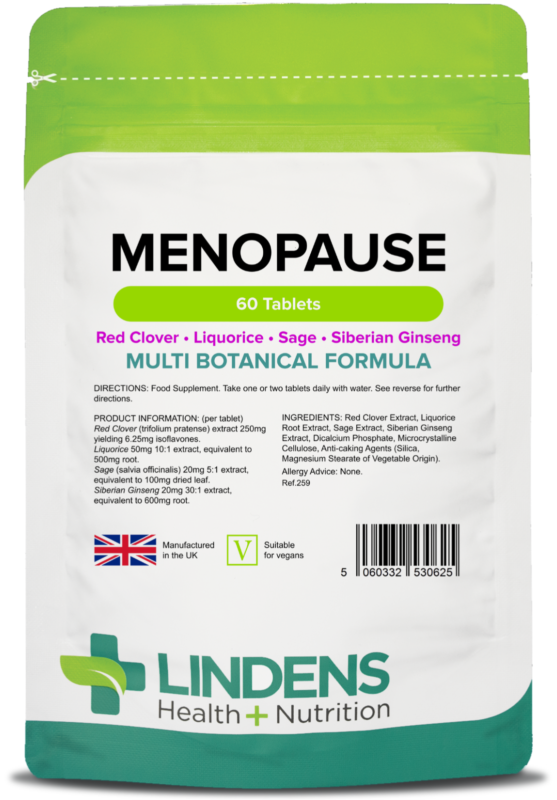 Lindens Menopause Tabs with Sage, Red Clover, Siberian Ginseng 60 Pack - UK Made