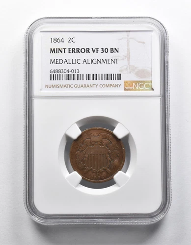 Mint Error VF30 BN 1864 Union Shield Two-Cent Piece Medallic Alignment NGC *1950