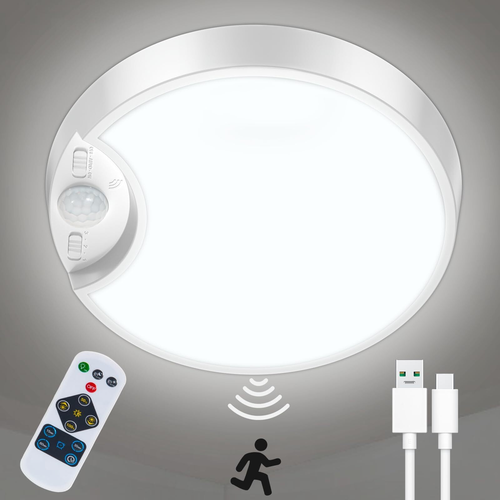DEEPLITE Battery Ceiling Light Motion Sensor Rechargeable Wireless Shower Lig...