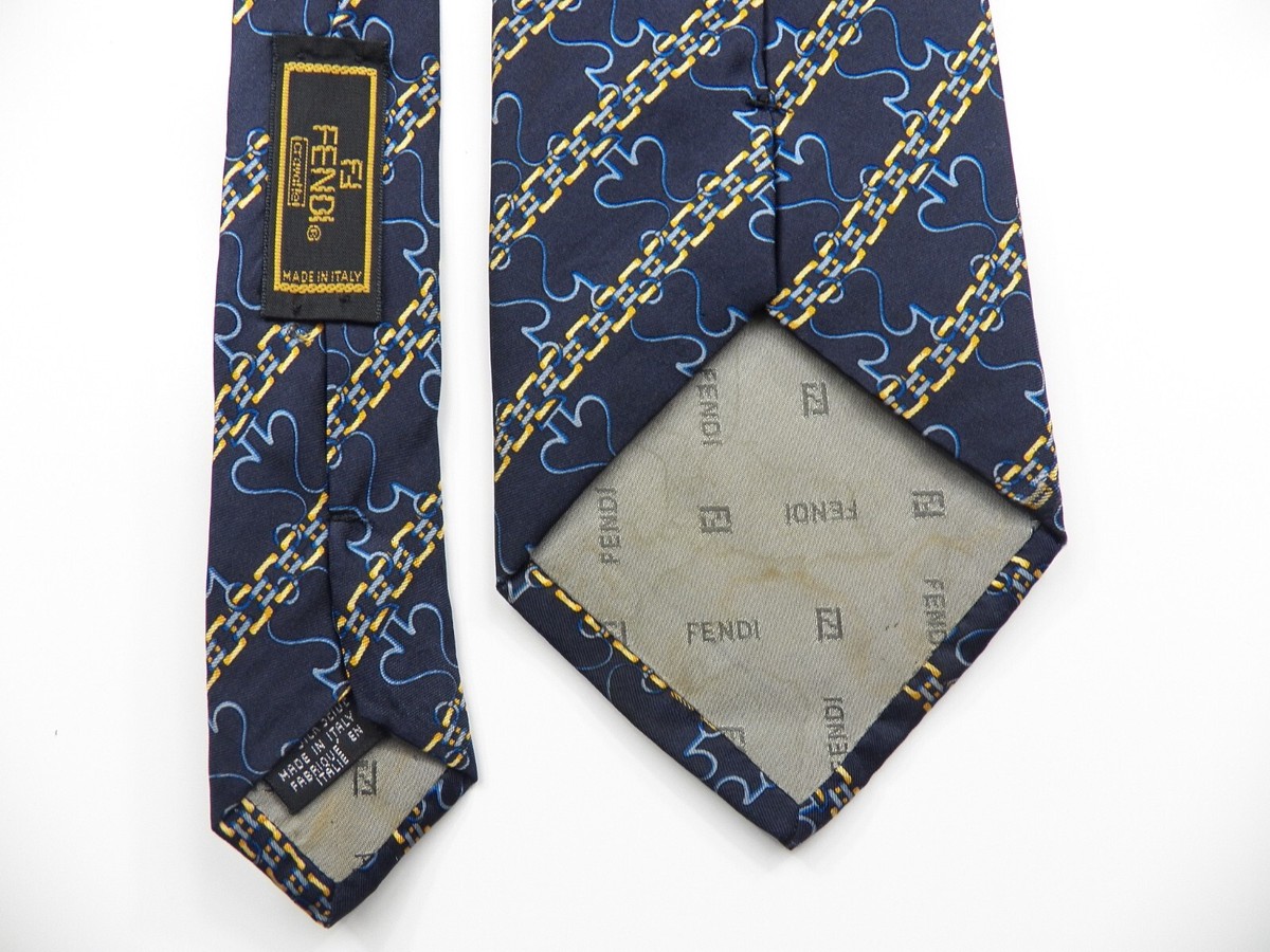 FENDI MENS 100% SILK NECK TIE BLUE GOLD CHAIN SPADES STRIPE LUXURY