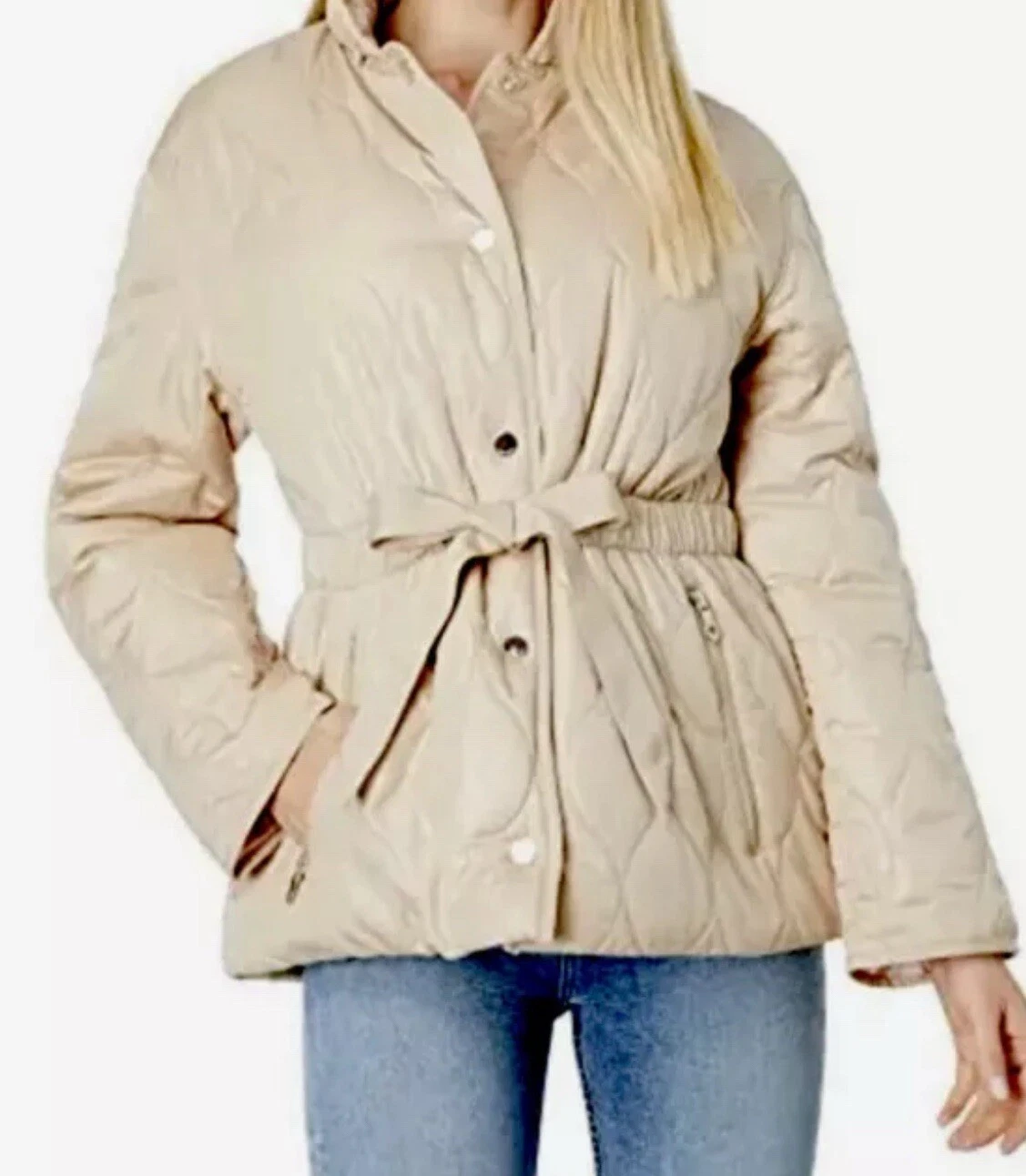 Trapunta con cintura Kate Spade $260 nuova con etichette e giacca imbottita beige arrotolabile taglia L e S