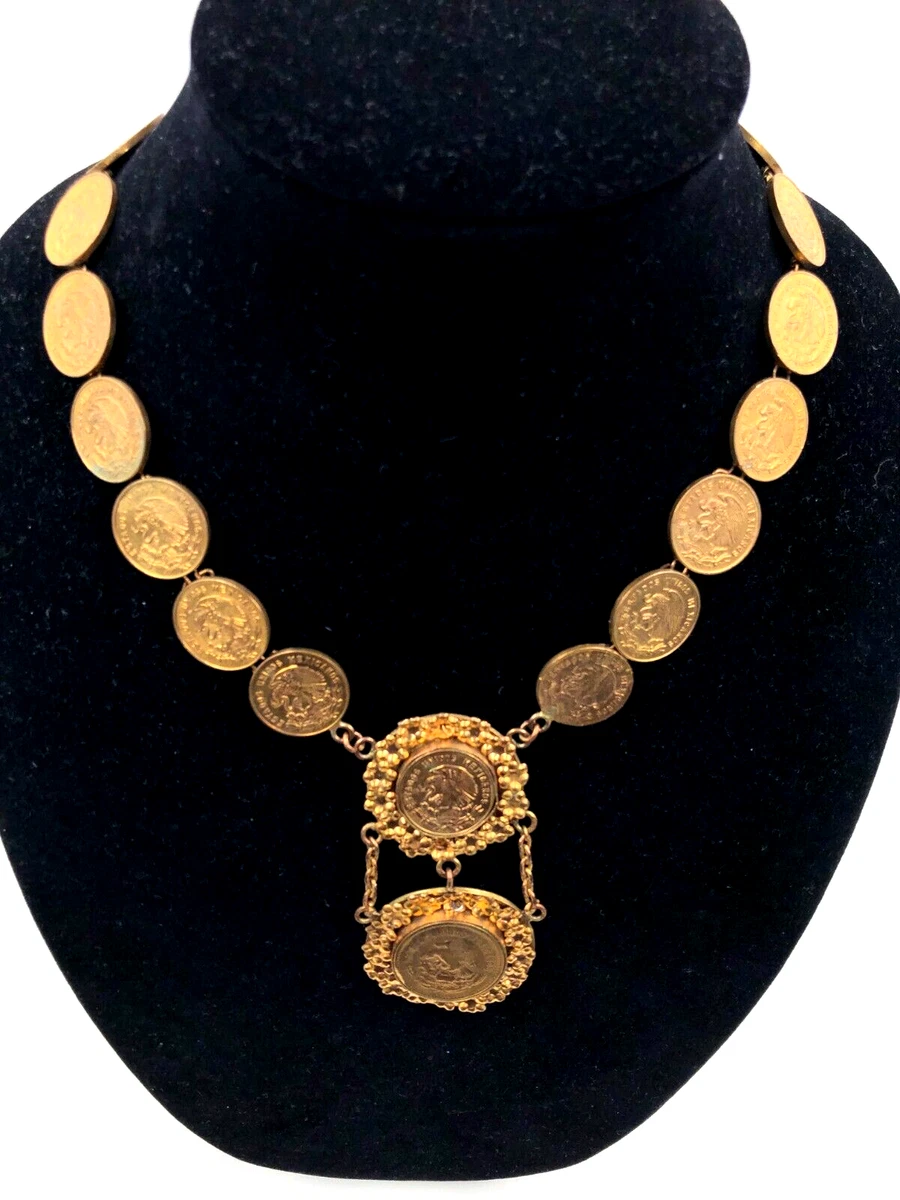 ANTIQUE MEXICAN GOLD COIN NECKLACE GOLDPL BRASS PENDANT HAND DECORATED w FLOWERS