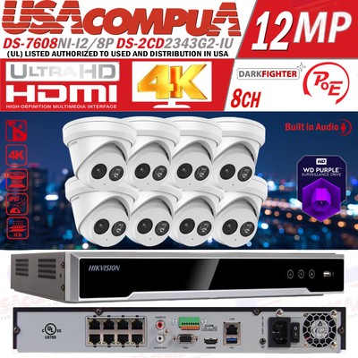Hikvision CCTV System NVR DS-7608NI-I2/8P 4MP IP Camera Kits DS-2CD2343G2-IU Lot