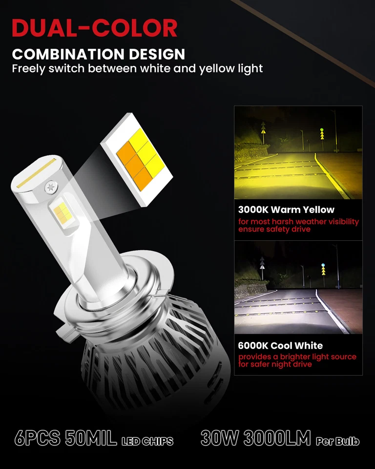 H7 Switchback LED Headlights High Beam or Low Beam or Fog Light Bulb 3000K 6000K - Image 4 of 4