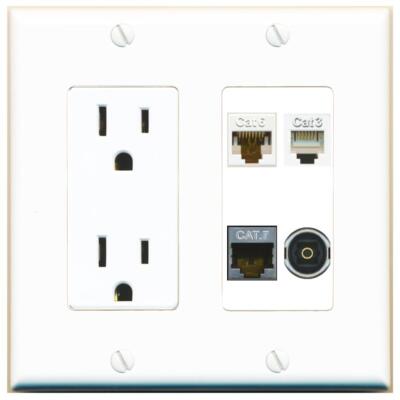CAT6 CAT7 PHONE TOSLINK Port Wall Plate w/Power Outlet White