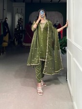 Festival Wear Gold Coin Olive Green Salwar Kameez With Dupatta For Women/Girls