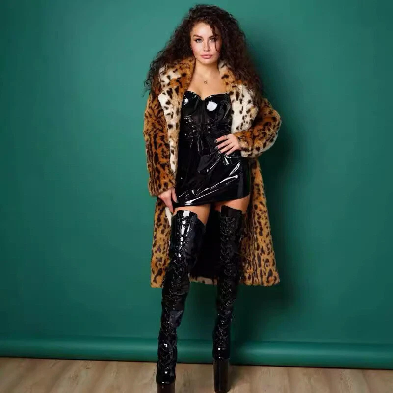 Abrigo largo de invierno para mujer con estampado de leopardo trinchera cortavientos ropa exterior piel sintética nuevo Foto 3 de 4