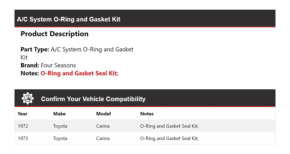 Kit de junta tórica y junta sistema de aire acondicionado Toyota Carina 1972-1973 4 estaciones Foto 2 de 4